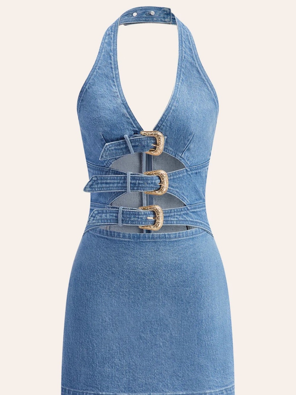 Commense Halter Neck Buckle Detail Denim Dress - Blue - Medium